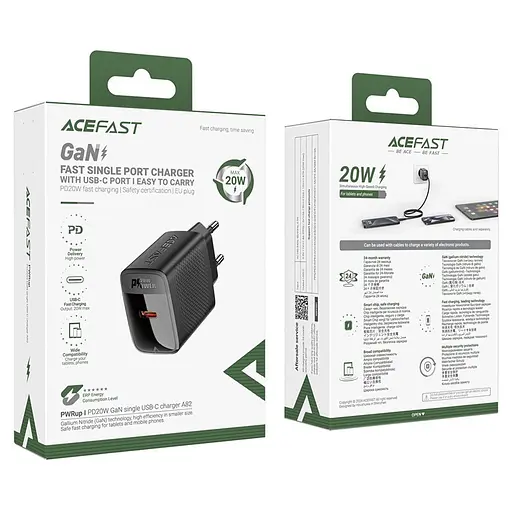 Мережевий зарядний пристрій Acefast A82 PD20W GaN single USB-C charger чорний - фото 2