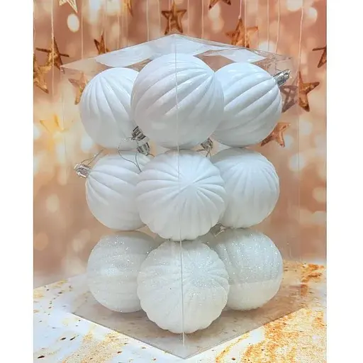 Набір ялинкових іграшок Рельєф пластикових круглих 12 шт 8 см Білий - фото 1