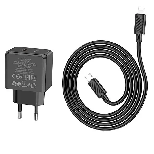 Мережевий зарядний пристрій Hoco CS13A Ocean single port PD20W charger set(C to iP) чорний - фото 1