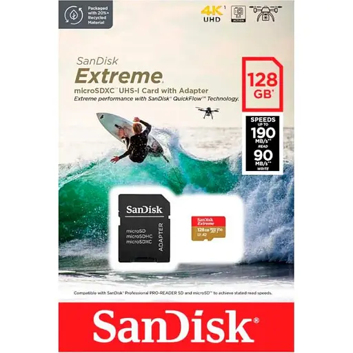 Карта памяти Sandisk 128GB microSDXC Extreme for Action Cams and Drones + SD Adapter + 1 year Rescue (SDSQXAA-128G-GN6AA) - фото 3