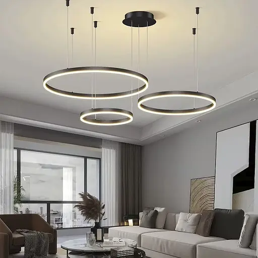 Подвесная люстра на три led кольца в черном каркасе 60+50+40 см Line F | Ст. G70-600+500+400 BK - фото 1