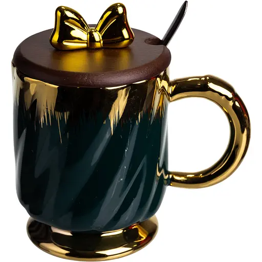 Чашка порцелянова Ribbon 450 мл з кришкою та ложкою малахіт FM-23A