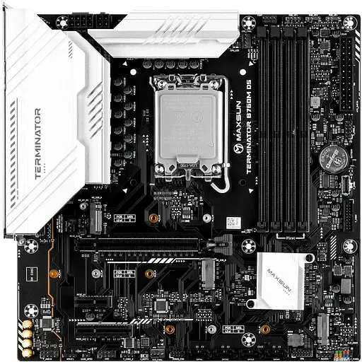 Материнская плата Maxsun LGA1700, Terminator B760M D5, B760, 4xDDR5, Int.Video(CPU), 4xSATA3, 1xPCI-E 16x 5.0, 1xPCI-E 4x 3.0, 3xM. 2 4.0, RTL8125B, 2xUSB3.2/6xUSB2.0, DP/HDMI, ARGB, MicroATX (MS-Terminator B760M D5)