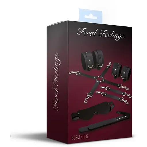 Набор для БДСМ 5 в 1 Feral Feelings BDSM Kit 5 Black, наручники, поножи, крестовина, маска, падл - фото 2