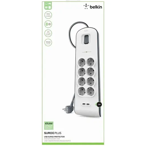 Сетевой фильтр 8хТип F, 3x1,5 мм², 16 А, 2xUSB-A 2,4 А, с защитой от перенапряжения, 2 м, белый (BSV804VF2M-V2) - фото 4