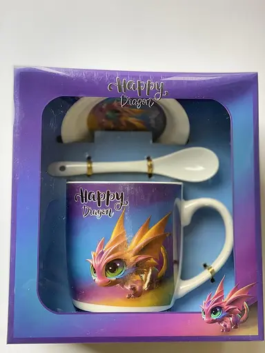 Новогодняя чашка Дракон 350 мл с тарелкой и ложкой в коробке kru-nr-dragon-3 Gee! - фото 1