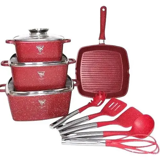 Набор кастрюль со сковородой Top Kitchen TK-000103 с гранитным покрытием 12 предметов Красный - фото 1