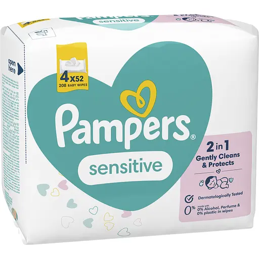 Дитячі вологі серветки Pampers Sensitive 208 шт. (4 уп. по 52 шт.)
