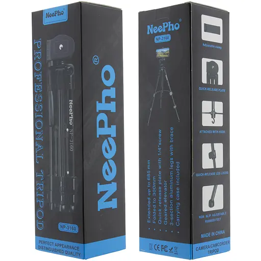 Универсальный штатив тренога NeePho NP-3160 не съемная площадка + держатель (30-68.5см) Черный - фото 2