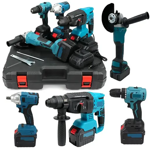 Набор электроинструментов Makita 4 в 1 Шуруповерт Гайковерт Перфоратор Болгарка два аккумулятора в кейсе 36Вт Синий с черным - фото 2