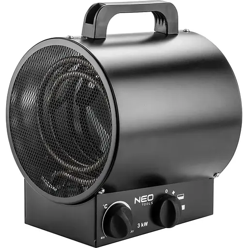Теплова гармата Neo Tools електрична, 3кВт, 60м кв, 291м куб/год, нагрів. елемент - нерж. сталь, чорний