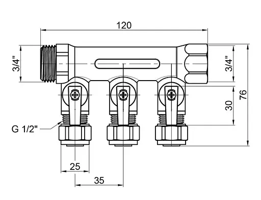 Колектор під фітінг Thermo Alliance Standart 3/4" ВЗ (3 вих) кульовий кран SD231W3 - фото 3