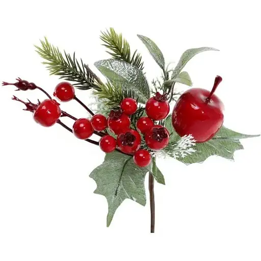 Декоративная новогодняя ветка с яблоком ягодами и хвоей 21 см - фото 1