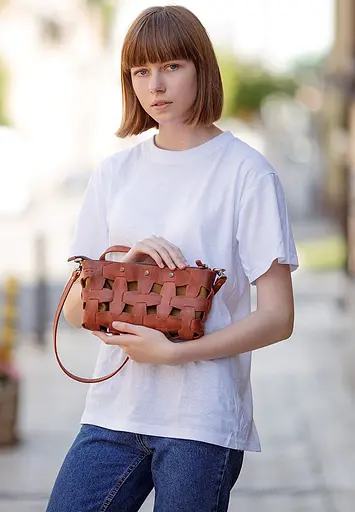 Шкіряна плетена жіноча сумка Пазл S світло-коричнева Crazy Horse - фото 6