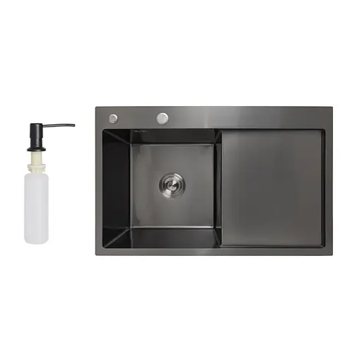 Кухонна мийка інтегрована Lidz Handmade H7849BR крило праворуч (LIDZH7849BRPVD3008) Brushed Black PVD 3,0/1,0 мм, Чорний - фото 1