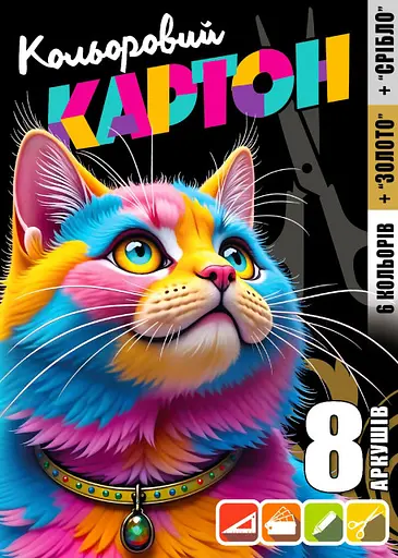 Набор картона цветного одностороннего, А4, 8 листов, цветная папка, 25146