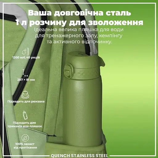 Пляшка для води ION8 металева 1200 мл Stainless Steel Khaki Green (I8SS1000KGRE) - фото 5
