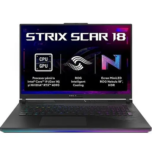 Ноутбук Asus ROG Strix SCAR 18 MiniLED G834JYR-R6087, Intel Core i9-14900HX, 5.8GHz, 18WQXGA, 64GB, SSD 2TB, NVIDIA GeForce RTX 4090 16GB, Free DOS