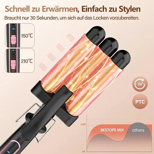 Щипці для завивки волосся BESTOPE MIX Wave Iron з трьома щипцями, 22 мм, 150°C/210°C, для завивки волосся "русалка" - фото 4