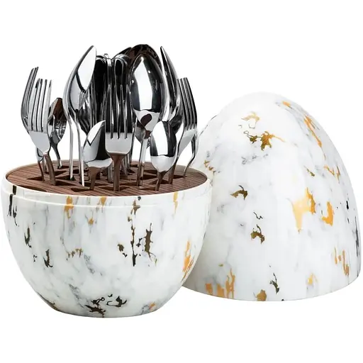 Набор столовых приборов TS Kitchen Белый мрамор на 6 персон из нержавеющей стали Серебристые 24 штуки в яйце - фото 1