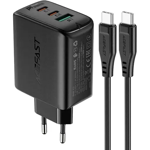 Зарядний пристрій Acefast A13 USB/2 Type-C QC PD 65W чорний + кабель Type-C to Type-C - фото 1