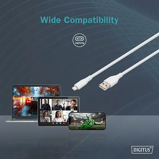 Digitus USB-A > Lightning заряджання/синхронізації, 1м, USB 2.0, 12W, силіконовий, білий - фото 7