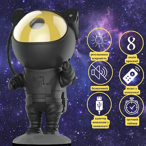 Ночной проектор Космонавт-Астронавт звездное небо на потолке с пультом с 8 режимами проекции 5 уровней яркости таймер 45-90 мин Черный - фото 4