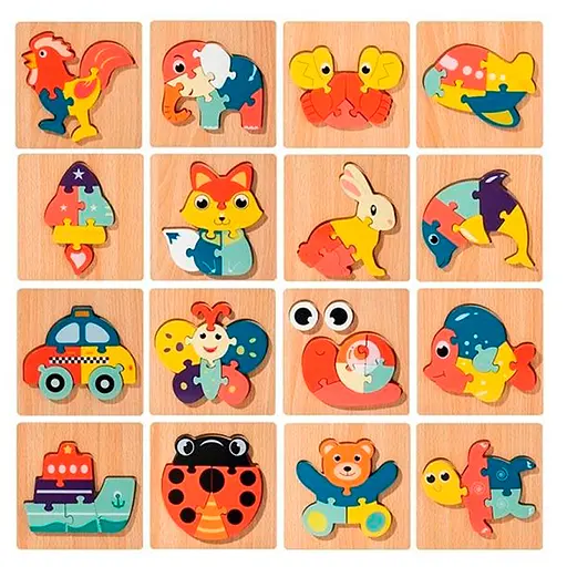 Дерев’яна іграшка Пазли (тварини, транспорт, комахи, морські мешканці), 15x15x1 см (В асортименті)