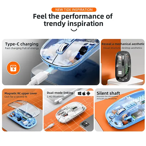 Компьютерная мышь T-WOLF X11 бездротова, безшумна з акумулятором 2,4G+Bluetooth Orange - фото 4