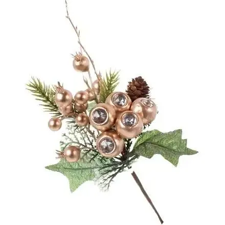 Декоративная ветка хвои 24 см Искусственные материалы для декора и флористики с ягодами Золотистый - фото 1