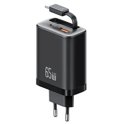 МЗП Usams US-CC299 GaN With Retractable Type-C Cable Xiang Ser. 65W (1USB-A/1C) Black