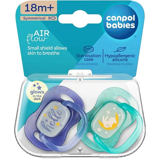 Пустышка силиконовая симметричная Canpol babies NightGlow 18+ месяцев 2 шт. синяя (34/944_blu) - фото 6