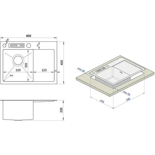 Чорна кухонна мийка Nett NB-6045(L) накладна з лівим крилом 1.5 мм - фото 9