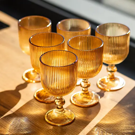 Набор бокалов для вина 6 штук по 300 мл ребристой из толстого стекла коричневый HP-19-225 бокал для белого красного вина прозрачный - фото 2