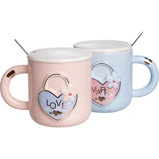 Парні чашки порцелянові Lovers' Lock 400 мл з ложками FM-32