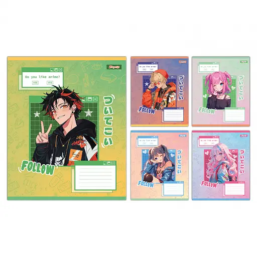 Зошити учнівські 12 аркушів коса лінія 1B Follow Anime, 25 шт. в упаковці