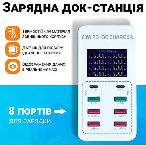 Мультизарядний пристрій Addap 8 портів USB A8T 60 W PD+QC (WLX-A8T) - фото 5