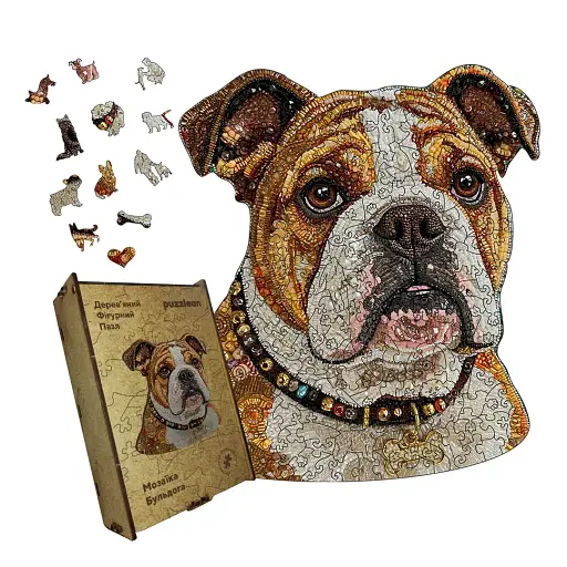Деревянный фигурный пазл Мозаика Бульдога, А1, Картонная коробка 500+ элементов