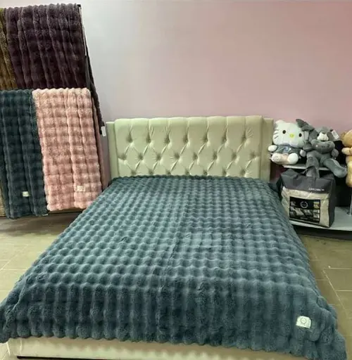 Покривало "Кролик" Темно-сіро-блакитний м’яке велюрове покривало 2,20 × 2,40 м для ліжка - фото 1