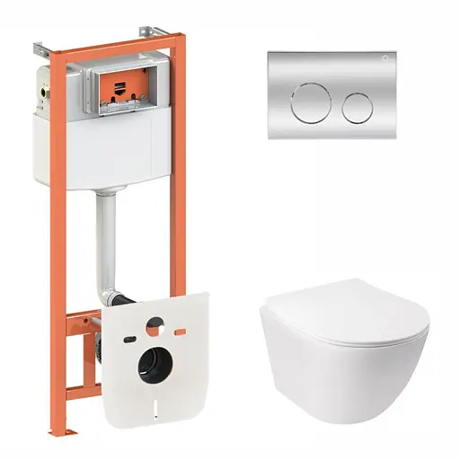 Набор Qtap инсталляция 3 в 1 Nest QT0133M425 с панелью смыва круглой QT0111M11112CRM + унитаз с сиденьем Jay QT07335176W, Белый - фото 1