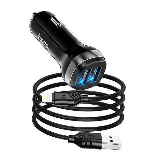 Адаптер автомобильный HOCO Lightning Cable Superior dual port car charger set Z40 черный - фото 1