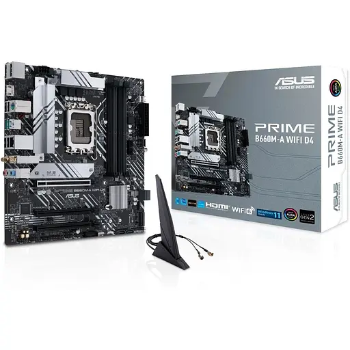 Материнская плата Asus Prime LGA1700, B660M-A WIFI D4, B660, 4xDDR4, Int.Video(CPU), 4xSATA3, 2xM.2, 1xPCI-E 16x 4.0, 2xPCI-E 16x 3.0, ALC897, GLan, WiFi 6, Bluetooth 5.2, 5xUSB3.2/6xUSB2.0, HDMI/DP, MicroATX - фото 2