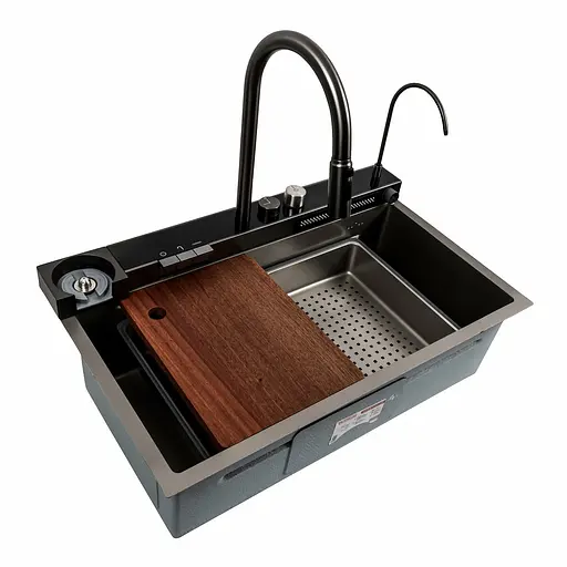 Кухонна мийка 75x46D PVD сіра Platinum Handmade Водоспад, Нержавіюча сталь - фото 1
