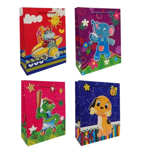 Подарочный пакет картонный, 200 г/м², Яркие зверята, 26x32x10 см, 6 шт. в упаковке (в ассортименте)