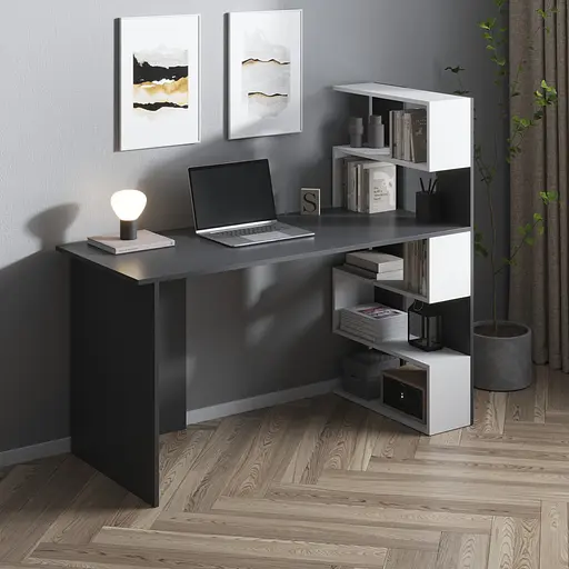 Комп’ютерний стіл Vays M-15 Антрацит-Білий, письмовий з полицями праворуч, ЛДСП, 142×60×123 см - для дому, навчання, офісуй