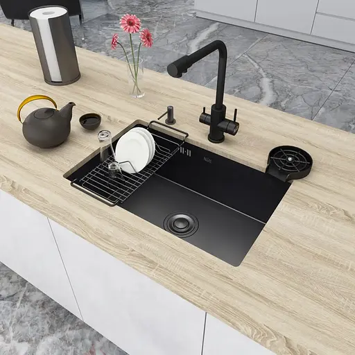 Кухонна мийка чорна з нержавіючої сталі під стільницю 1.5 мм Nett NB-6845, Чорний - фото 2