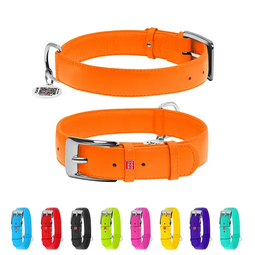 Нашийник для собак шкіряний Waudog Glamour з QR-паспортом без прикрас XL Ш 35 мм Д 46-60 см помаранчевий - фото 2