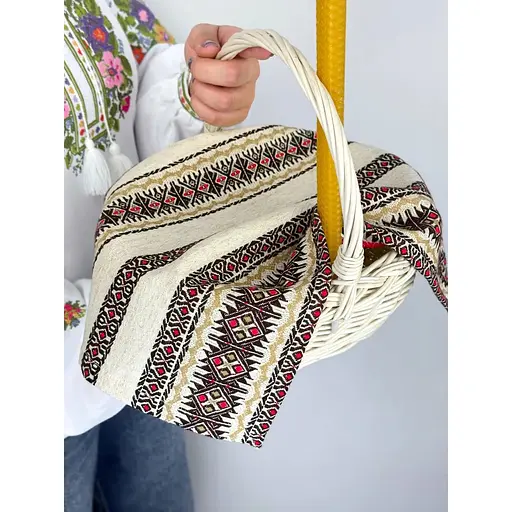 Комплект Великодній кошик Буковина (маленька) з лляним рушником 45х30 см Святогір (червоний) та свічкою