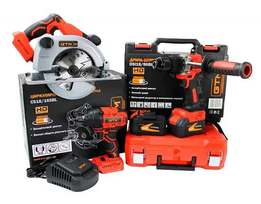 Набір акумуляторного інструменту GTM 18V шурупокрут DSI18/80BL, дискова пила CS18/165BL, гайкокрут IWC18/320BL + 2 АКБ і ЗП - фото 1