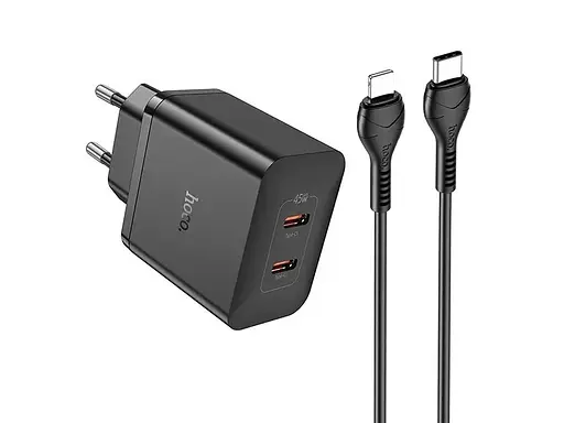 Зарядний пристрій комплект Hoco N35 2 виходи USB-C 45 W з кабелем C to iPhone black - фото 1
